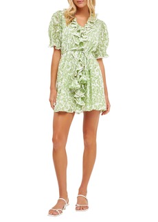 English Factory Ruffle Puff Sleeve Dress in White/Green at Nordstrom Rack