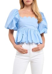 English Factory Scallop Detail Puff Sleeve Top