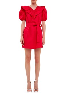 English Factory Smocked Ruffle Puff Sleeve Cotton Minidress in Red at Nordstrom Rack