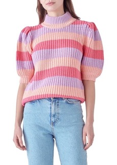 English Factory Stripe Puff Shoulder Mock Neck Sweater