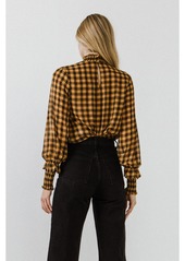 English Factory Women's Checker Blouse with Mock Neck - Yellow/black