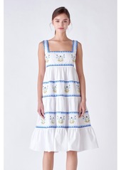 English Factory Women's Embroidered Midi Dress - Ivory/blue