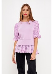 English Factory Women's Eyelet Mixed Media Knit Top - Lilac