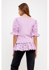 English Factory Women's Eyelet Mixed Media Knit Top - Lilac