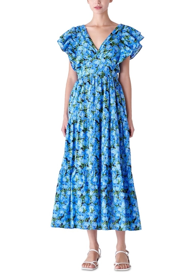 English Factory Women's Floral-Print Tiered Flutter-Sleeve Dress - Blue