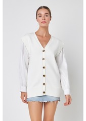 English Factory Women's Knit and Poplin Combo Cardigan - Off white