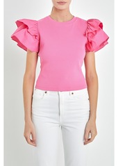 English Factory Women's Mixed Media Ruffled Top - Pink