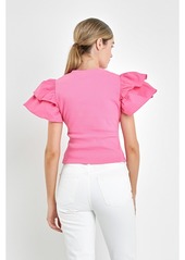 English Factory Women's Mixed Media Ruffled Top - Pink