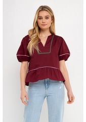 English Factory Women's Piping Detail Top with Short Puff Sleeves - Burgundy