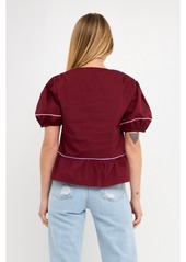 English Factory Women's Piping Detail Top with Short Puff Sleeves - Burgundy