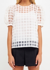 English Factory Women's Plaid Sheer Puff Sleeve Top - White