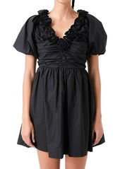 English Factory Women's Rosette Puff-Sleeve Mini Dress - Black