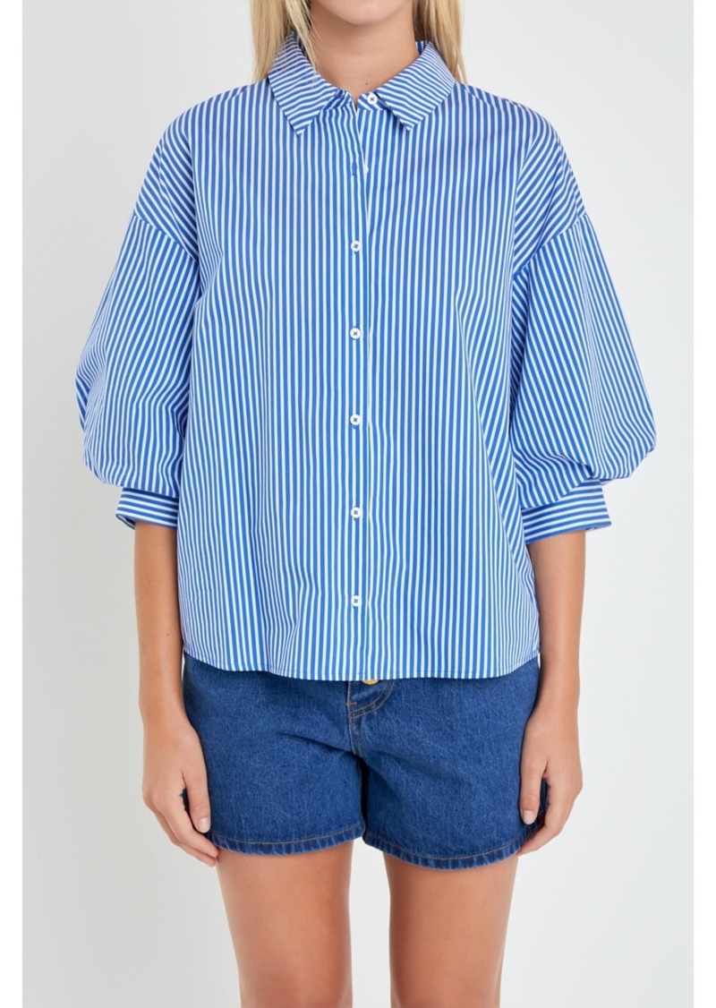 English Factory Women's Striped Ballon Sleeve Shirt - Blue