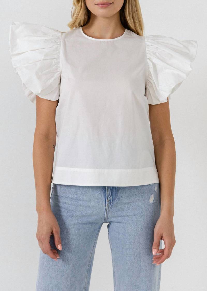 English Factory Erandi Folded Ruffle Sleeve Top In White