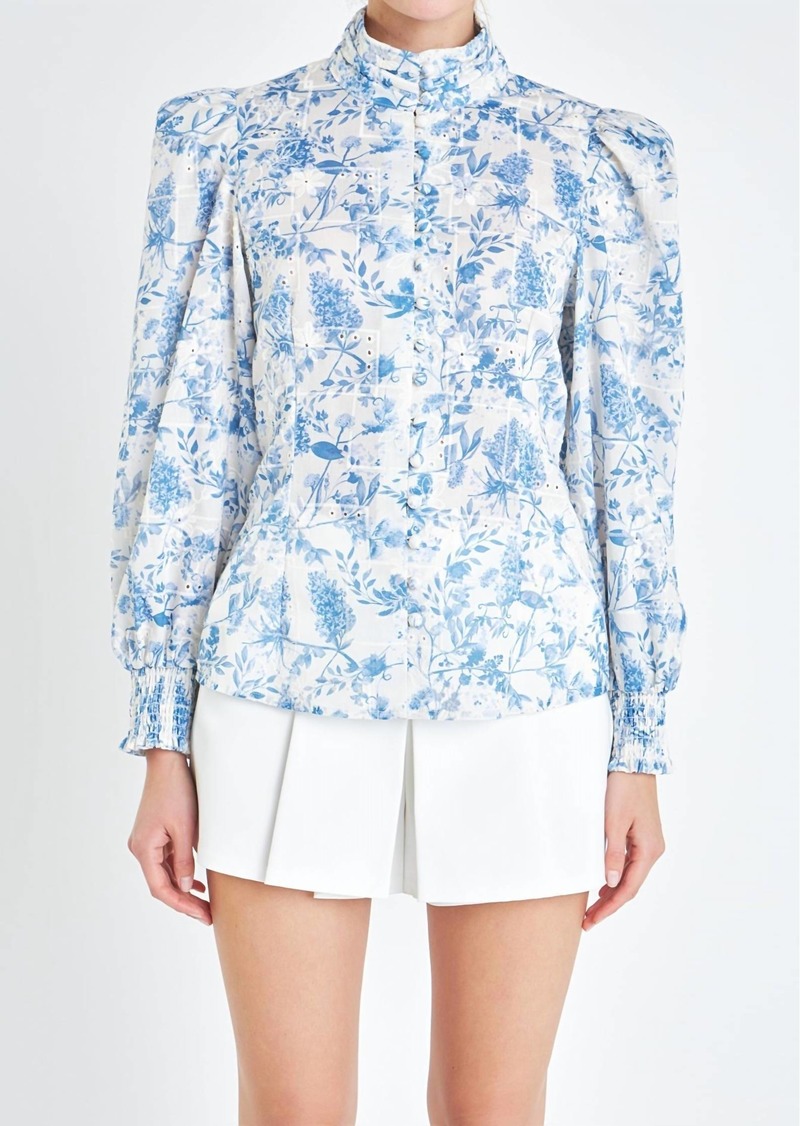 English Factory Floral Button Down Blouse In Blue