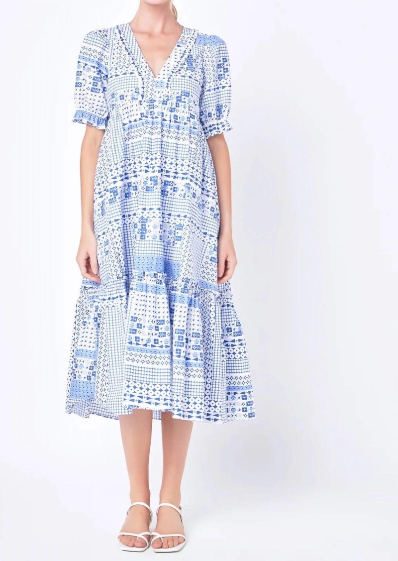 English Factory Geometric Midi Dress In Blue Multi