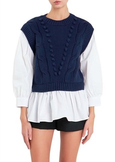 English Factory Mix Media Cable Sweater In Navy/white