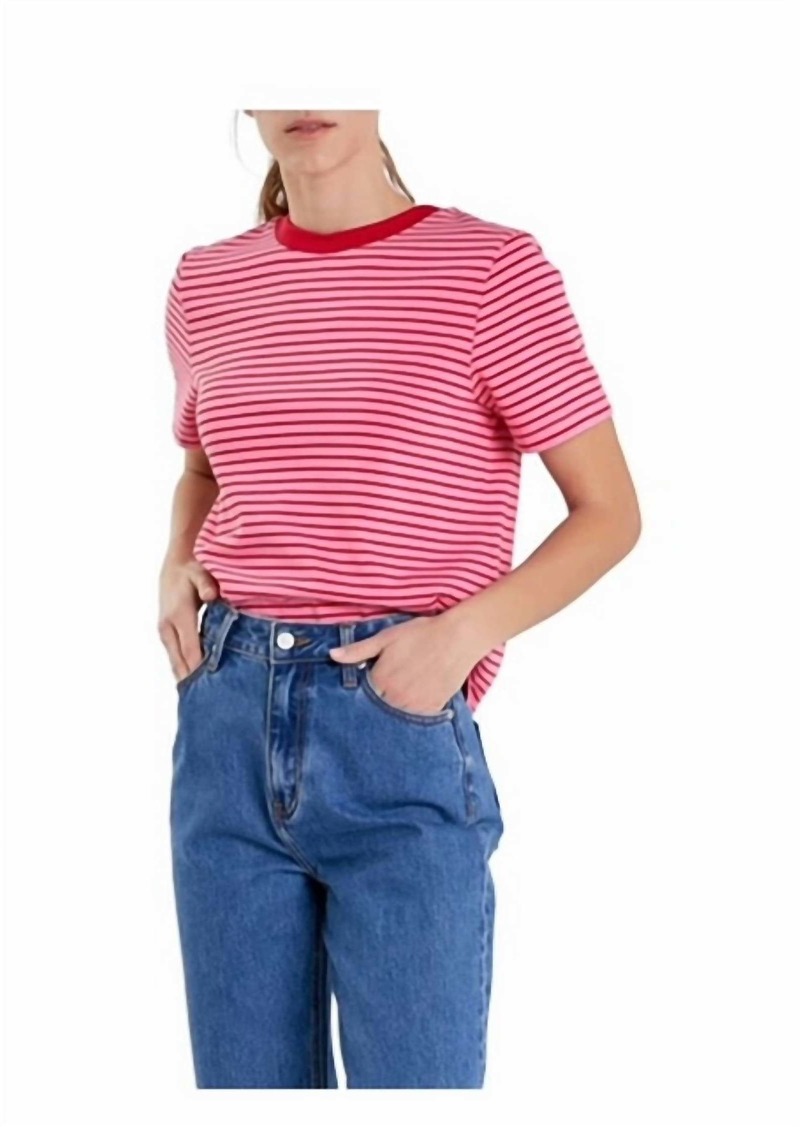 English Factory Stripe Cotton Ringer T Shirt In Red & Pink Stripe