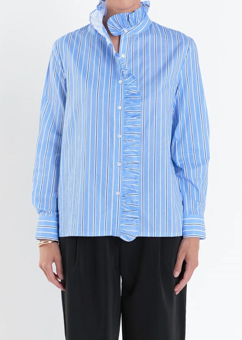 English Factory Stripe Ruffle Button Down In Blue