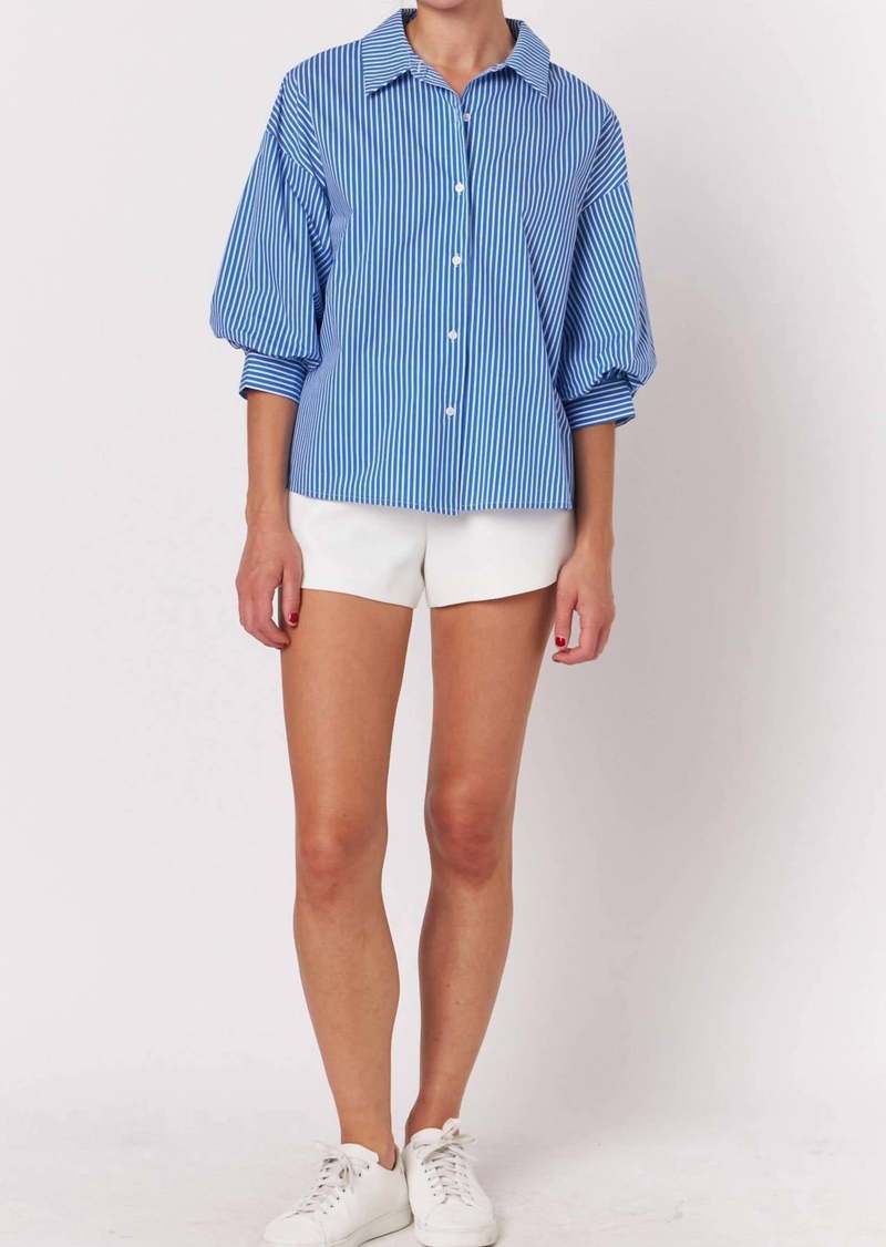 English Factory Striped Puff Sleeve Button Down Top In Blue