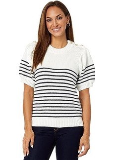 English Factory Striped Short Puff Sleeve Sweater with Buttons