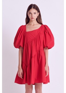 English Factory Women's Asymmetric Poplin Tiered Dress - Raspberry