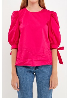 English Factory Women's Bow Banded Puff Sleeve Blouse - Fuchsia
