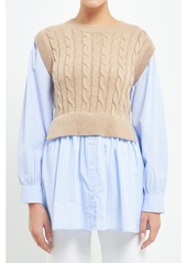 English Factory Women's Cable Knit Long Striped Sweater Shirt - Beige