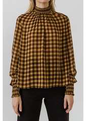 English Factory Women's Checker Blouse with Mock Neck - Yellow/black