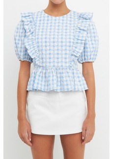 English Factory Women's Embroidered Gingham Checked Ruffle Top - Powder blue