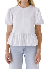 English Factory Knit & Woven Puff Sleeve Top in White at Nordstrom