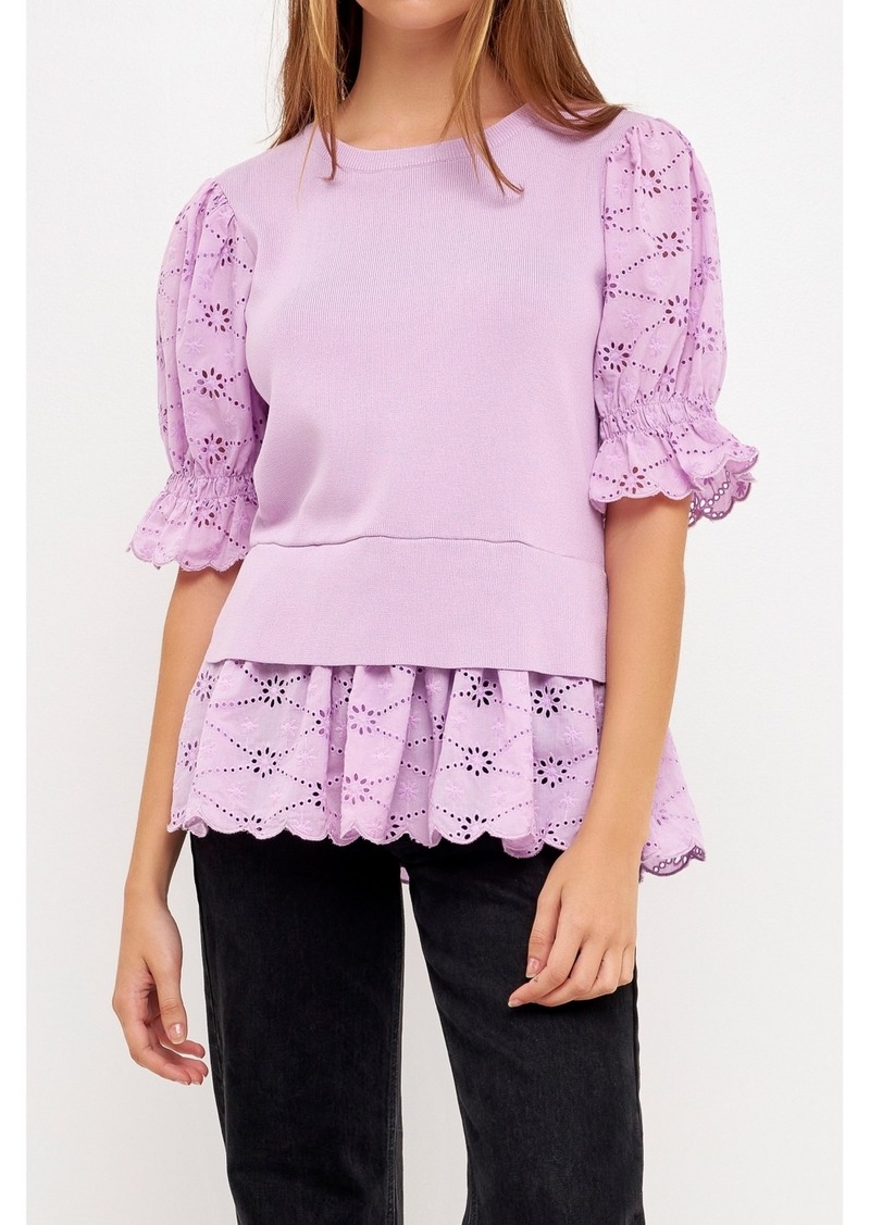 English Factory Women's Eyelet Mixed Media Knit Top - Lilac