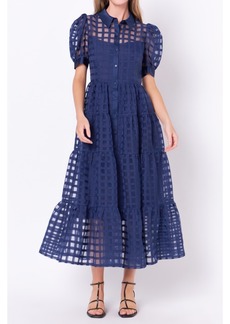 English Factory Women's Gridded Organza Tiered Maxi Dress - Navy