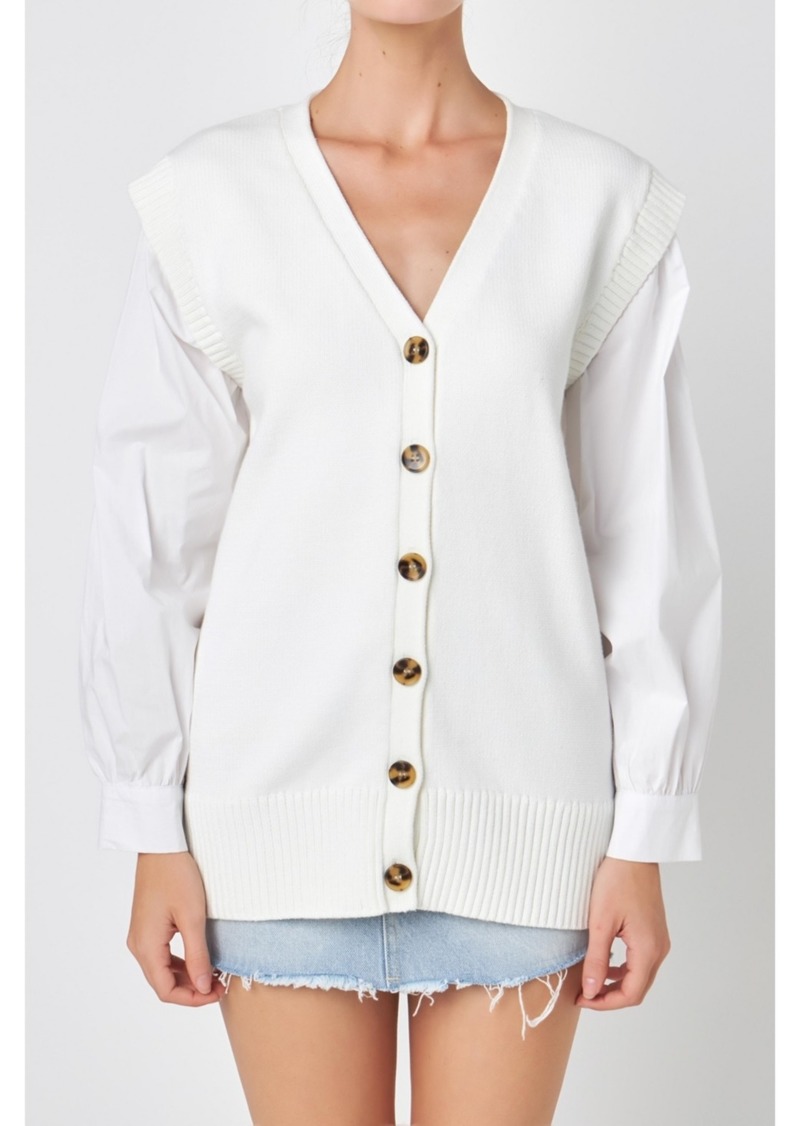 English Factory Women's Knit and Poplin Combo Cardigan - Off white