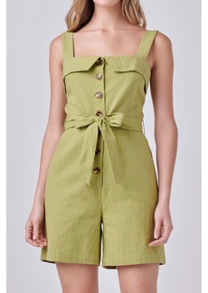 English Factory Women's Linen Romper with Self Tie and Buttons - Green