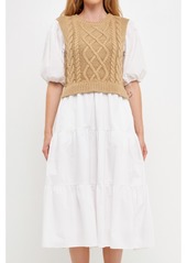 English Factory Women's Mixed Media Cable Knit Down Midi Dress - Tan/white