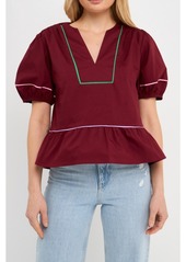 English Factory Women's Piping Detail Top with Short Puff Sleeves - Burgundy