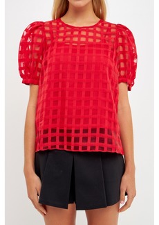 English Factory Women's Plaid Sheer Puff Sleeve Top - Red