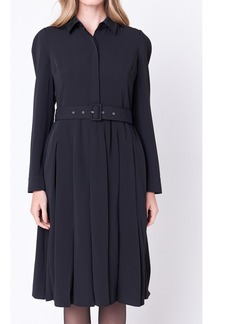 English Factory Women's Pleated Collared Long Sleeve Midi Dress - Black