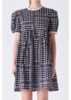 English Factory Women's Printed Puff Sleeve Babydoll Mini Dress - Black/white