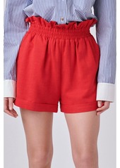 English Factory Women's Red Linen Cuffed Shorts - Red