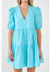 English Factory Women's V-neck Button Down Babydoll Dress - Blue