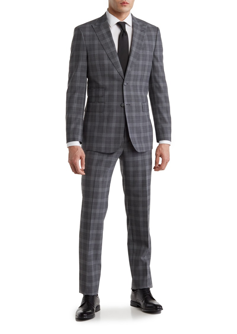 English Laundry Plaid Two Button Peak Lapel Wool Blend Trim Fit Suit in Gray at Nordstrom Rack
