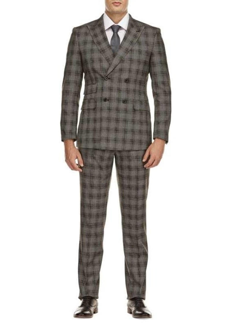 English Laundry Slim Fit Double Breasted Plaid Suit