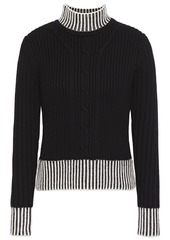 Equipment Woman Striped Cable-knit Wool Turtleneck Sweater Black