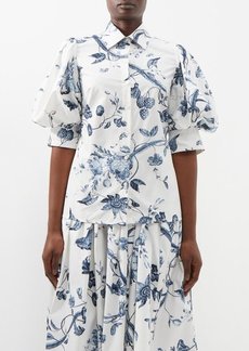 Erdem - Floral-print Puff-sleeve Poplin Shirt - Womens - Blue Cream