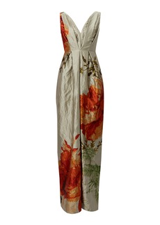 Erdem - Floral-Printed V-Neck Gown - Silver - UK 10 - Moda Operandi