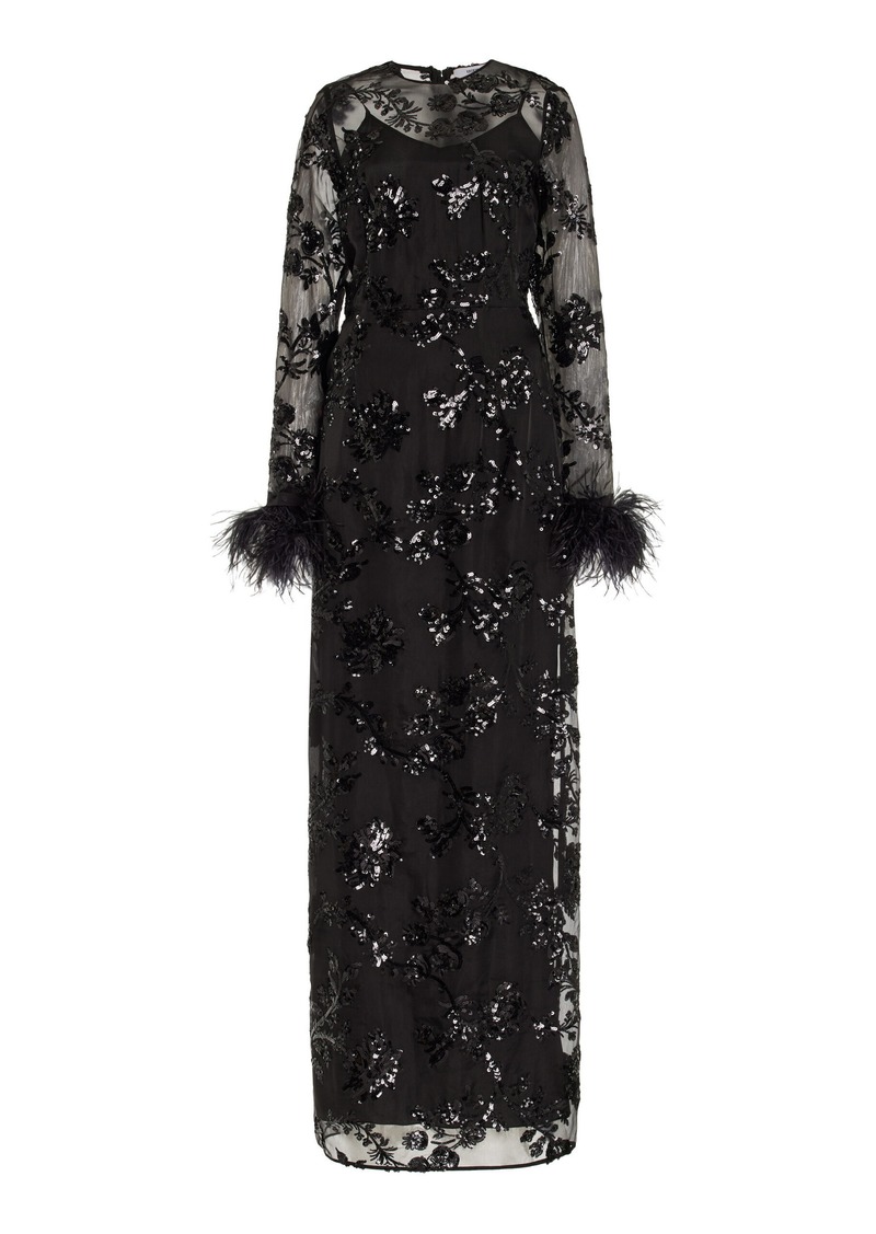 Erdem - Ostrich-Trimmed Sequined Silk Maxi Dress - Black - UK 14 - Moda Operandi