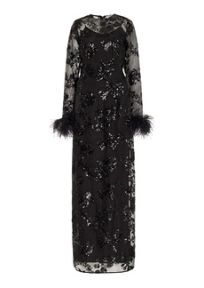 Erdem - Ostrich-Trimmed Sequined Silk Maxi Dress - Black - UK 10 - Moda Operandi