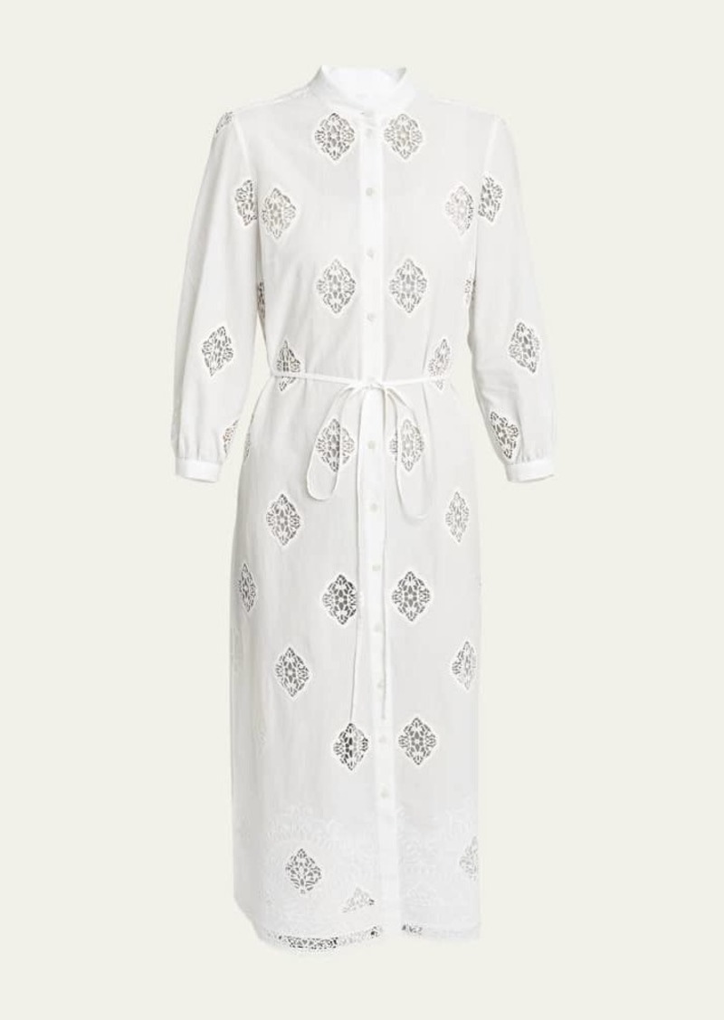 Erdem Band-Collar 3/4-Sleeve Belted Cotton Midi Shirtdress